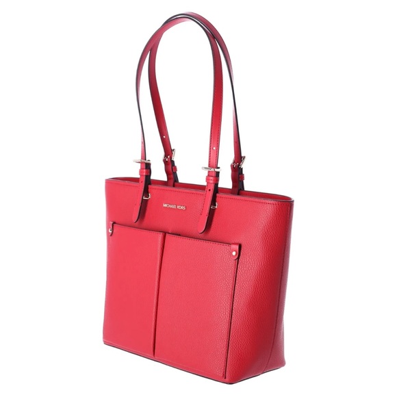 Michael Kors Jet Set Travel Medium Double Pocket Tote Vegan Leather Bright Red - Picture 3 of 6